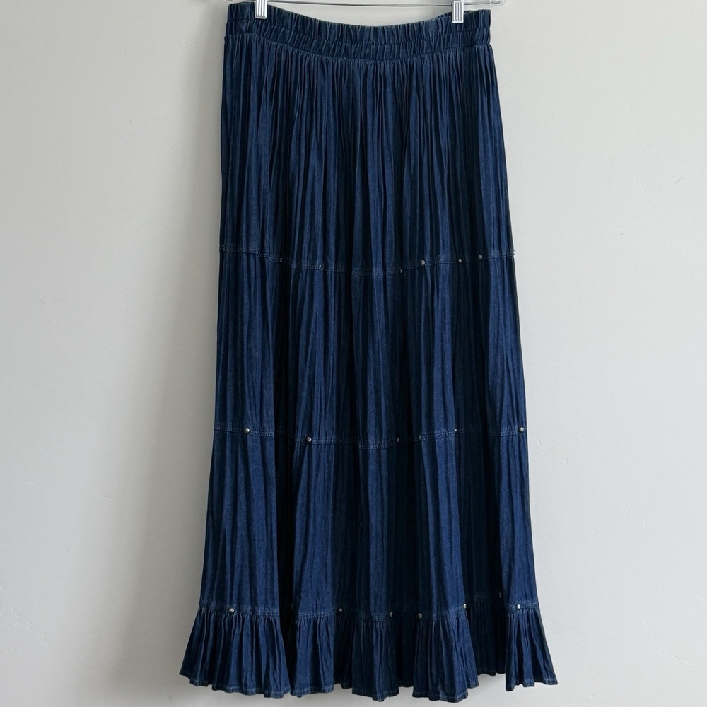 Stonebridge Tiered Denim Maxi Skirt L Western Boho Cowgirl Ranch  Cabin VTG